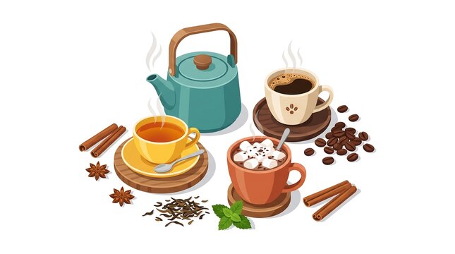 A cozy scene with coffee, tea, and hot chocolate on a wooden table indoors.