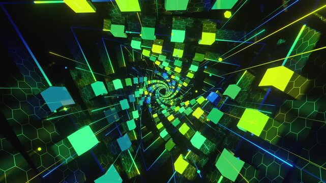 seamless loop of a futuristic geometric tunnel. Abstract digital vortex made of twisting cube structures, glowing lines and honeycomb grid patterns, creating deep perspective for VJ screens