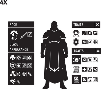 Futuristic Warrior Character Design with Race and Trait Icons in Dark Style, Generative Ai