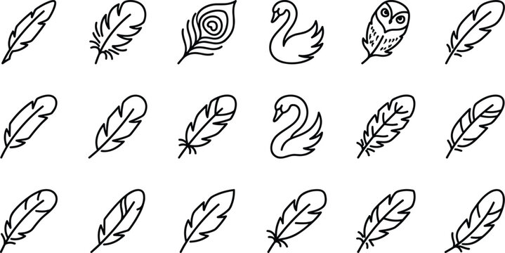 Feather and bird line icon set for retro quill pen lightweight decoration swan peacock and owl wing design