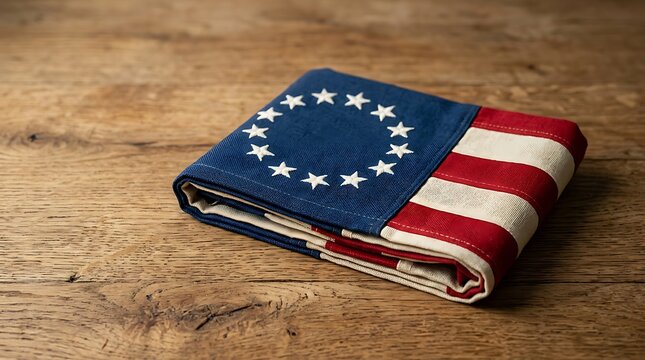 Folded historic american flag with thirteen stars on a rustic wooden table. 13 colonies flag