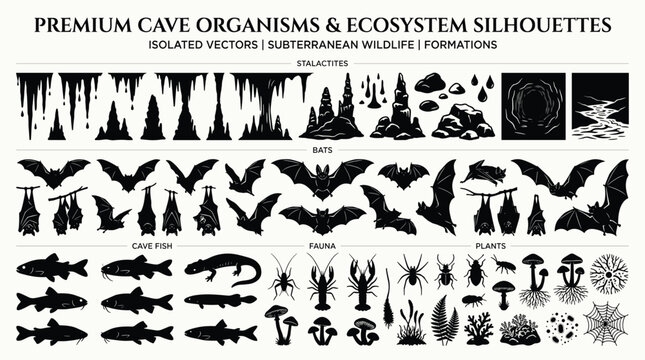 Cave silhouettes collection featuring subterranean wildlife bats stalactites and cave fish icons isolated on white background