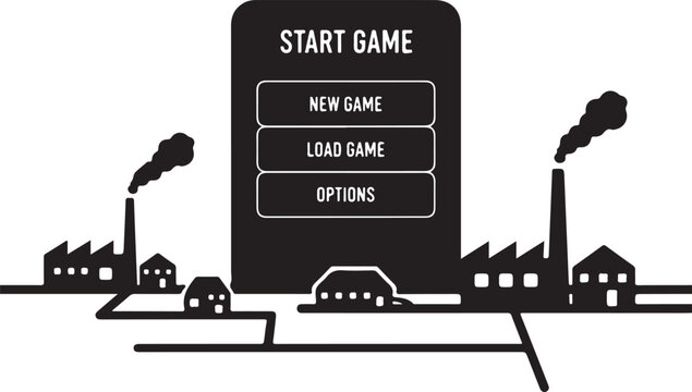 Retro Video Game Start Screen with Industrial Cityscape Background and Pixel Art Style, Generative Ai