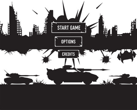 Retro Video Game Start Screen with Cityscape and Military Vehicles in Silhouette Style, Generative Ai