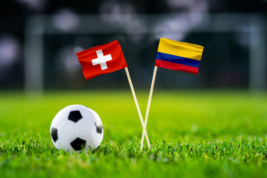 Switzerland vs Colombia, Round of 16, national flags before international football match, football on green grass with stadium in the background, BC Place, Vancouver, Canada, July 7, 2026