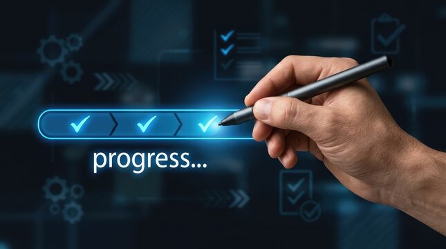 Hand using stylus pen to complete checklist items on a glowing digital progress bar loading screen interface