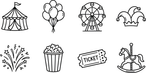 Carnival icons with circus tent balloons Ferris wheel jester hat fireworks popcorn ticket and rocking horse © Mdjillur