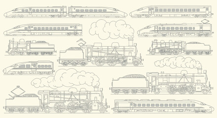 Hand drawn collection of vintage steam locomotives and modern high-speed bullet trains for transport history. © MARS