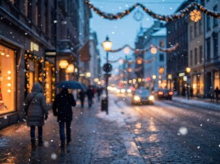 Obraz premium Couple walking in a snowy city street with glowing shop and festive lights during winter evening