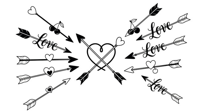 Hand-drawn Cupid arrows with hearts and love script lettering for Valentine's Day and wedding designs.