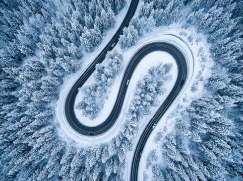 Curving winter road winding through snow covered pine forest from above with vehicles driving