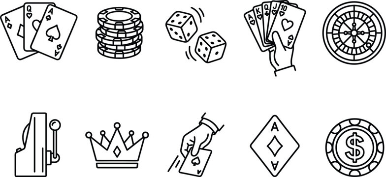 Casino icons in a clean line art style on a white background representing gambling and games of chance