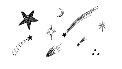 Fototapeta premium Star and Shooting Star Doodle Icons with Crescent Moon, Sparkles, and Hand-Drawn Strokes on White Background