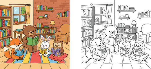 Cozy library with cute forest animals reading books coloring page and colored vector illustration set, bear, fox, rabbit and owl reading children book outline