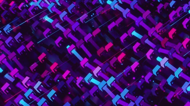 Futuristic abstract background with glowing geometric arrows. Seamless VJ loop of a complex digital grid with chevron structures and network connections, creative motion texture for stage displays