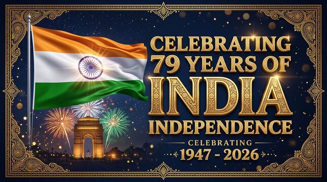 Vibrant Indian Independence Day celebration poster with flags and festive design marking 79 years of freedom from 1947 to 2026