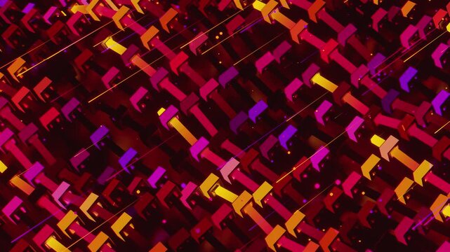 Futuristic abstract background with glowing geometric arrows. Seamless VJ loop of a complex digital grid with chevron structures and network connections, creative motion texture for stage displays