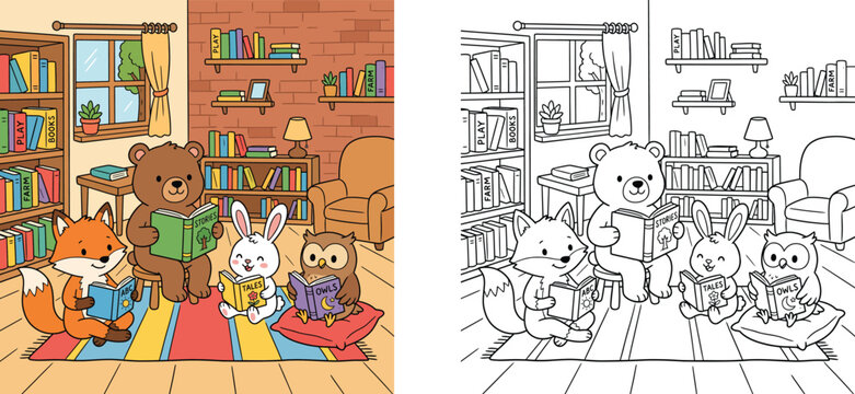 Cozy library with cute forest animals reading books coloring page and colored vector illustration set, bear, fox, rabbit and owl reading children book outline