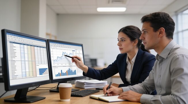 Professional auditors analyzing business data and financial statements together.