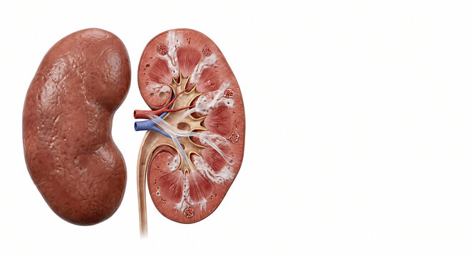 Human kidney anatomy model showing external structure and internal cross-section