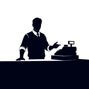 Silhouette of male cashier operating cash register at retail checkout counter for business and sales concepts