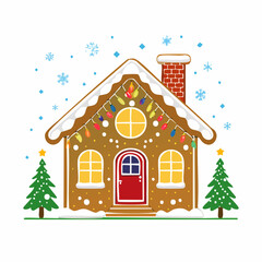 Fototapeta premium Gingerbread House with Christmas Lights and Snowflakes