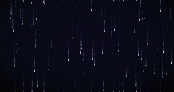 Hexadecimal code symbols fall rapidly in a dark violet matrix rain animation.