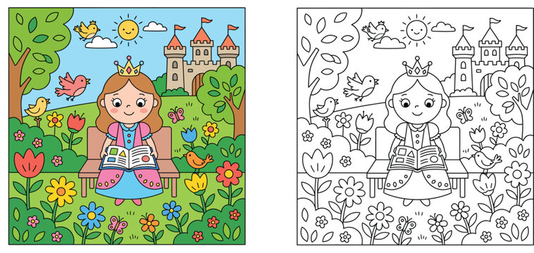 Coloring page for kids with cute princess reading a book in a garden, including colored template and black and white outline vector illustration for activity book