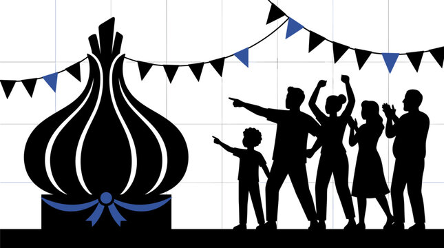 Crowd cheering at a giant garlic monument festival silhouette