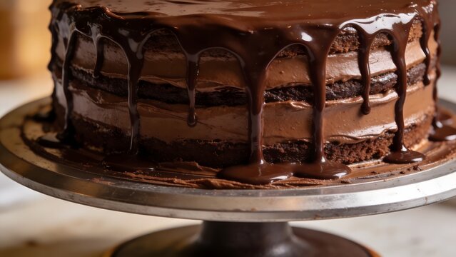 Chocolate Layer Cake with Ganache Drip on Metal Stand