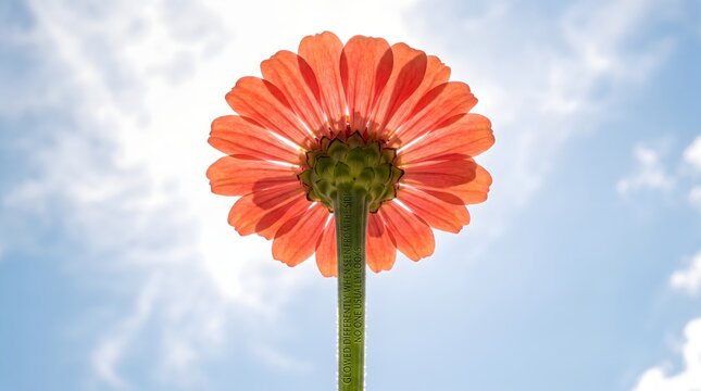A backlit orange zinnia rising into the blue sky, its glowing petals symbolizing the brilliant hidden truths revealed only when we shift our perspective to the overlooked.