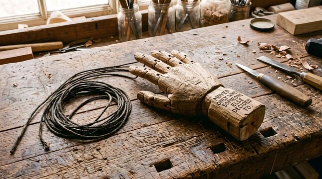 An articulated wooden hand inscribed with words of dependency sits beside a coiled rope on a workshop table, representing a powerful metaphor for puppet-like existence and lack of agency.