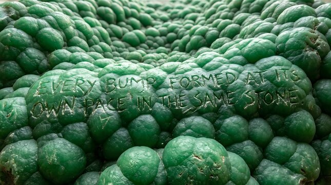 A philosophical quote carved into a textured green botryoidal malachite stone, representing the unique journey of individual growth and patience within a unified collective existence.
