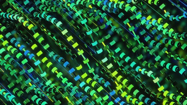 Futuristic abstract background with glowing geometric arrows. Seamless VJ loop of a complex digital grid with chevron structures and network connections, creative motion texture for stage displays