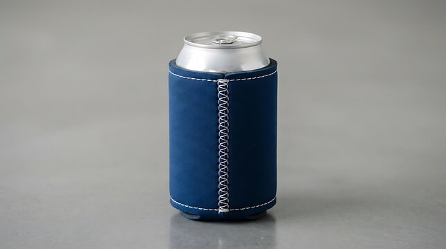 Blue foam can cooler sleeve around an aluminum beverage drink can. koozie mockup