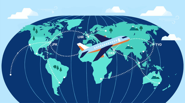 Stylized Flat Vector Illustration of Airplane Flying Over World Map with Flight Paths and Airport Codes, Global Travel Concept with Clouds and Mountains