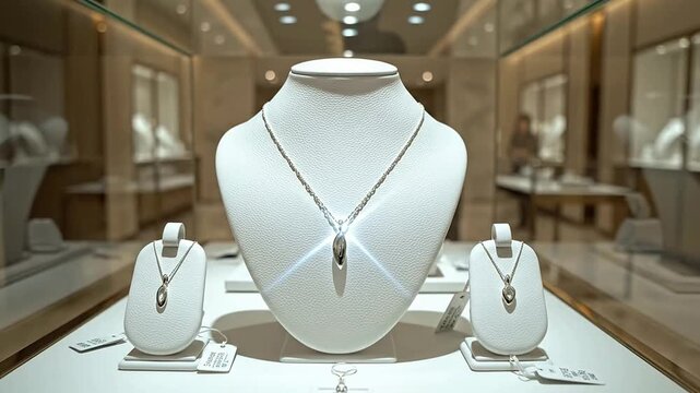 Static Eye-Level Shot of A Glass Display Case Featuring A Luxury Jewelry Set in A Minimalist Boutique Setting