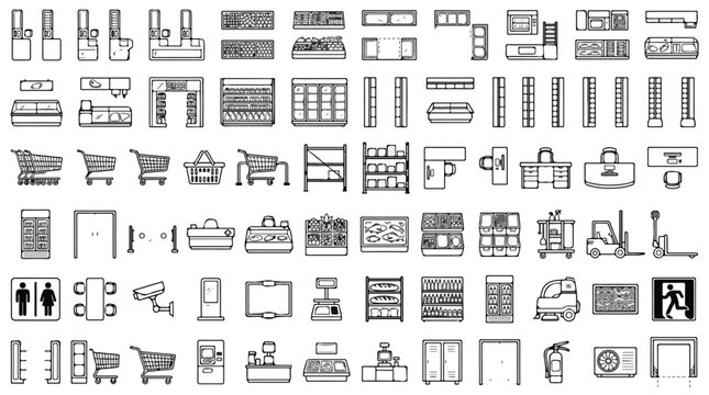 Minimalist supermarket floor plan icons, 70 retail store equipment symbols, black outline grocery shop interior elements for architectural blueprints
