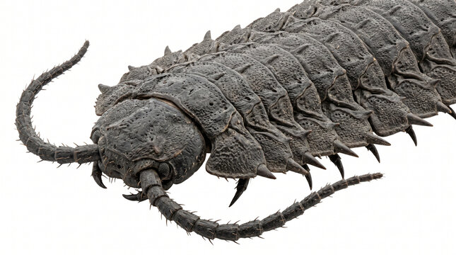 Arthropleura millipede fossil replica showcasing its segmented body and spiky texture in a detailed museum display for educational purposes