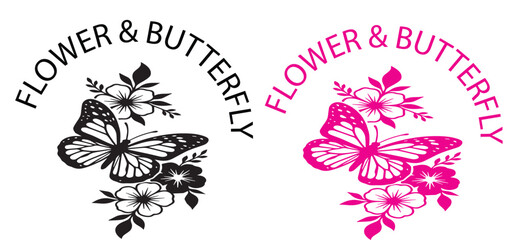 Flower and butterfly typography design set, elegant monarch butterfly silhouette with blooming floral botanical elements in black and hot pink. © Sadika