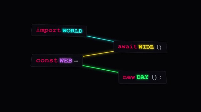 Animated Computer Coding Sequence Celebrating World Wide Web Day With Neon Syntax Highlighting On Black Background For Tech Presentation And Digital Innovation