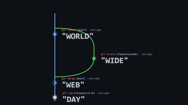 Software git commit timeline branching animation celebrating World Wide Web Day using minimalist dark interface design for internet history and tech development