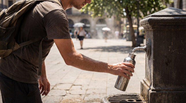 Man traveler refills reusable metal bottle at public fountain in sunny city square showing hydration break sustainable tourism heat relief outdoor lifestyle water access eco travel wellness routine