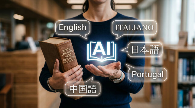 AI-Powered Language Learning: A person holds a book in a library, surrounded by speech bubbles displaying various languages and an AI icon.