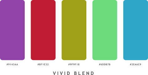 Vivid blend color palette with five bold hues including purple, red, olive green, mint green, and cyan blue, striking mix. © masuk stock