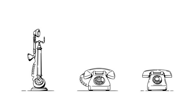 Telephones with Rotary Dials in a Row, Each with a Vintage Design and Corded Handset Featuring Telephone, Dial, Retro