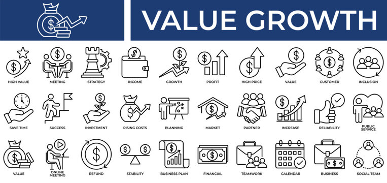 Value Growth icon set collection. Containing partner, rising, value, increase, partnership, profit, audience .Line vector icons collection