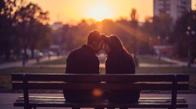 Young couple sharing an intimate moment on a bench during a beautiful sunset