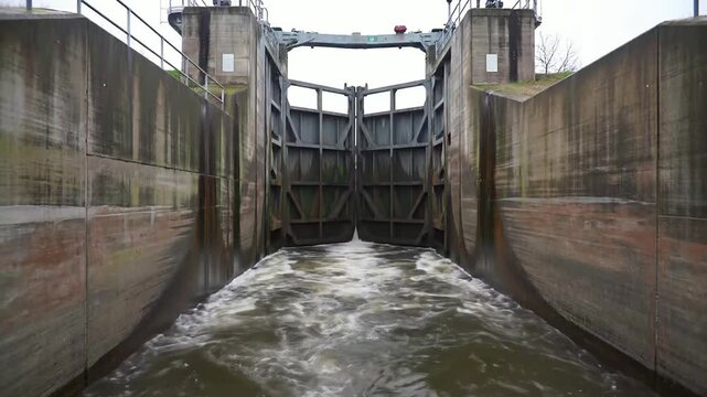 Wide Angle View Of A Massive Concrete Flood Gate Mechanism Demonstrating Hydraulic Engineering And Water Management Functionality