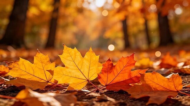 Fallen maple leaves in autumn forest